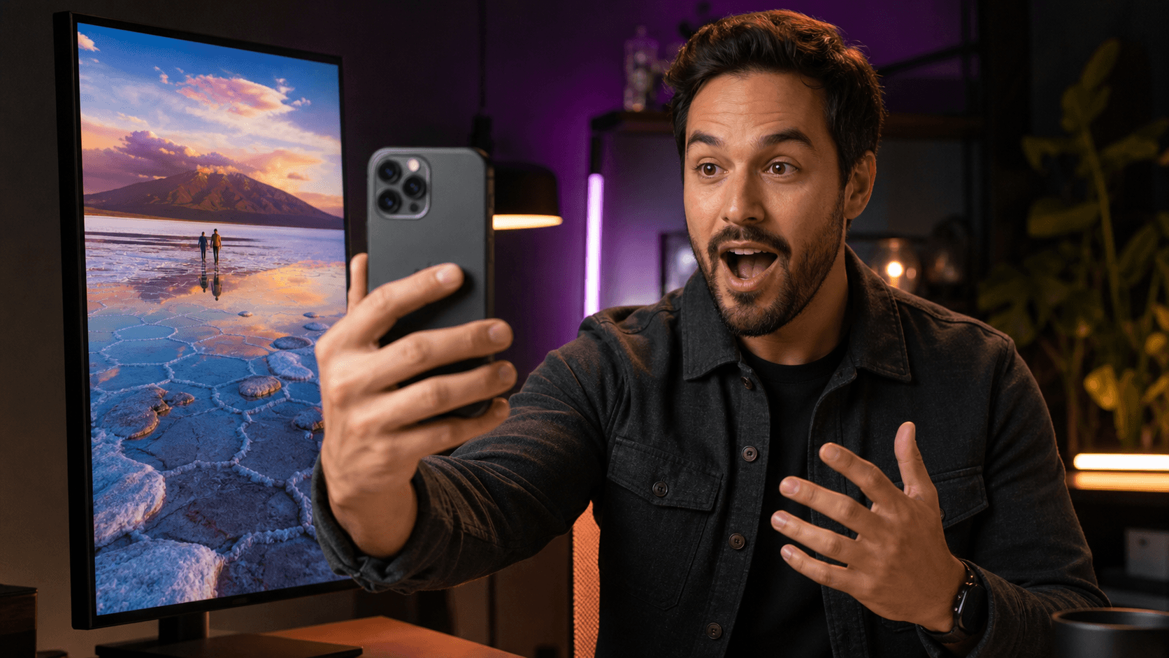 Créateur filmant une vidéo de réaction avec Duovo sur iPhone
