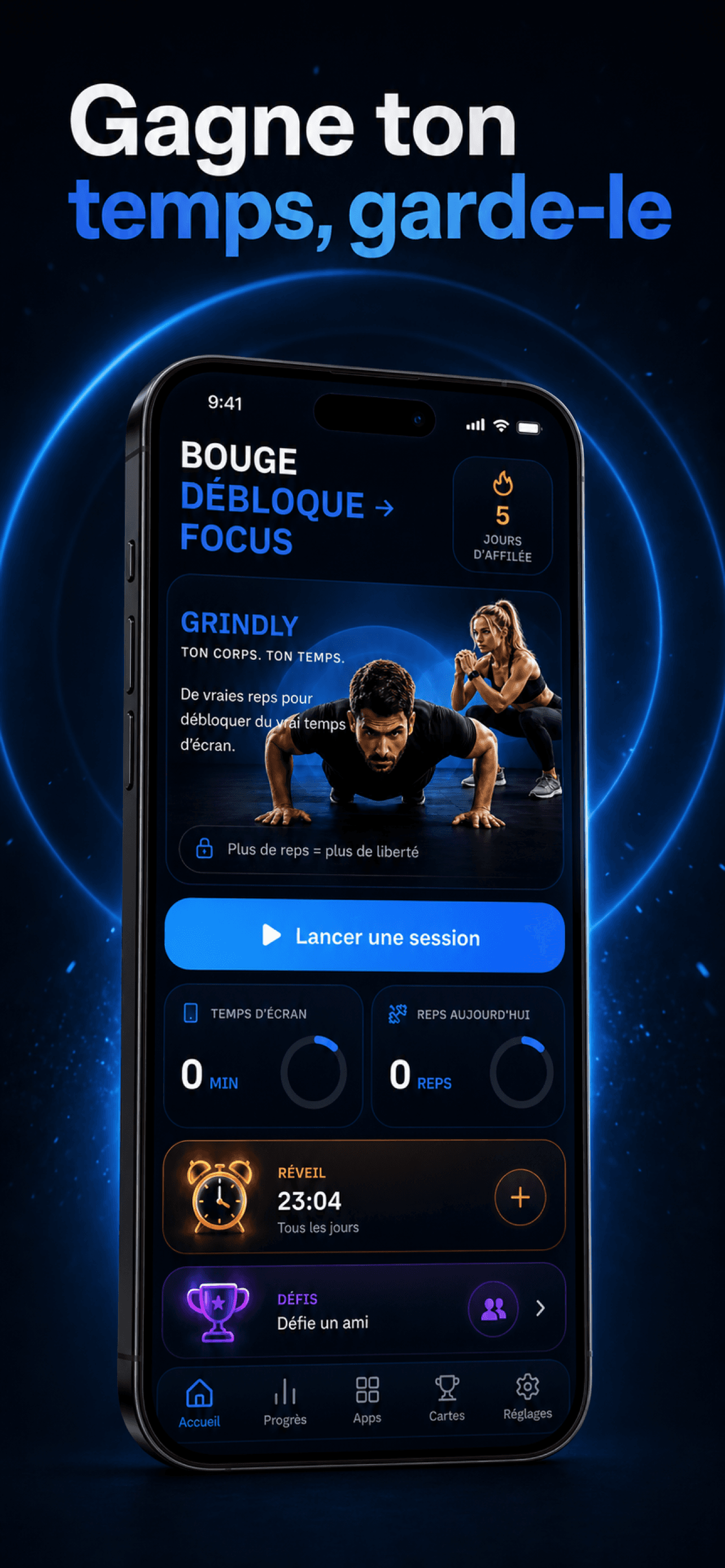 Application Grindly sur iPhone avec écran d'accueil temps gagné