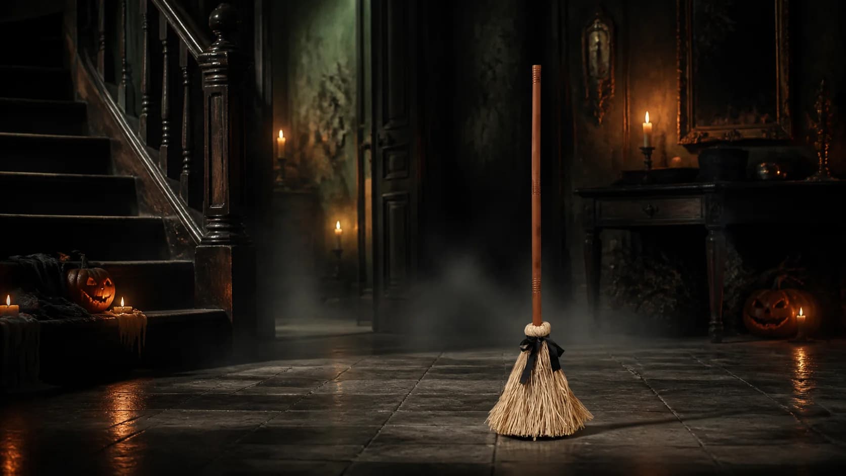 The HexBroom in an atmospheric Halloween hallway