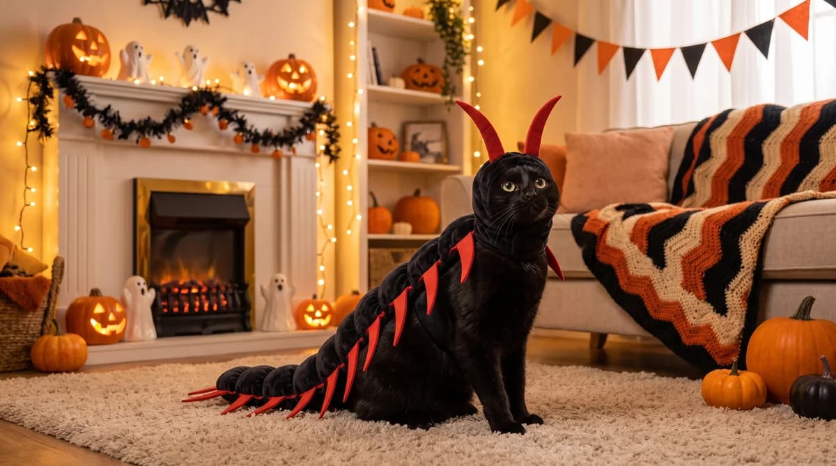 A black cat wearing a red-and-black centipede costume in a cozy Halloween living room