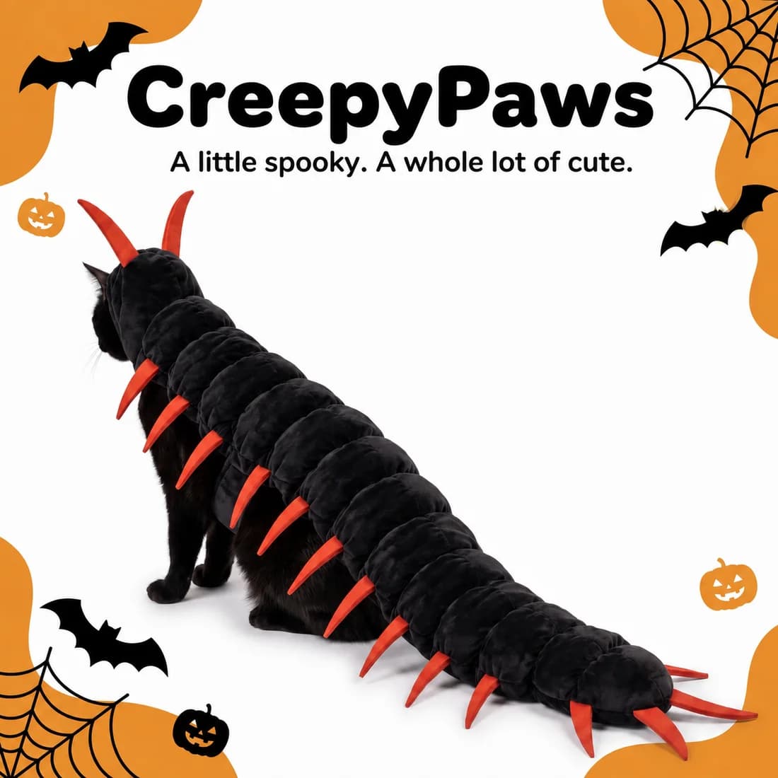CreepyPaws black and red cat centipede costume with Halloween decorations