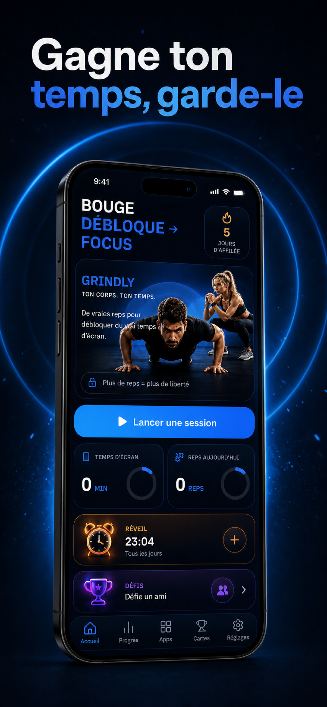 Application Grindly sur iPhone avec écran d'accueil temps gagné